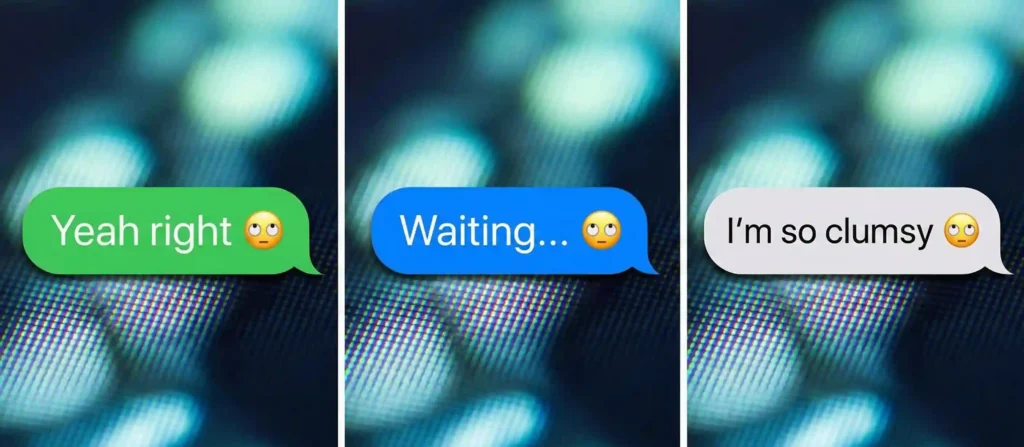 Three text message examples showing different meanings of the rolling eyes emoji.