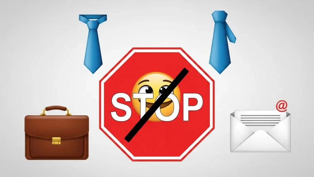 Warning graphic showing professional situations where the rolling eyes emoji should be avoided.